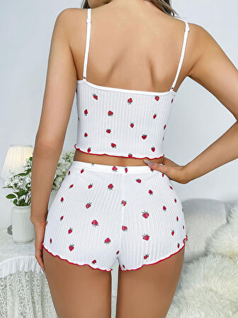 Beyaz Üstüne Çilek Desenli Askılı Şortlu Pijama Takımı