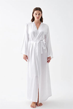 Giyim Kadın Uzun Beyaz Saten Sabahlık
