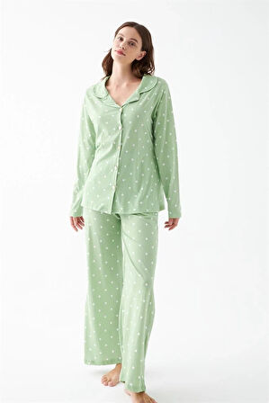 Giyim Kadın Yeşil Kalp Desenli Düğmeli Pamuklu Pijama Takımı