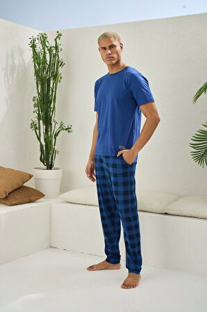 Kly Kısa Kollu Altı Kareli Capucina Rengi Yazlık Erkek Pijama Takımı