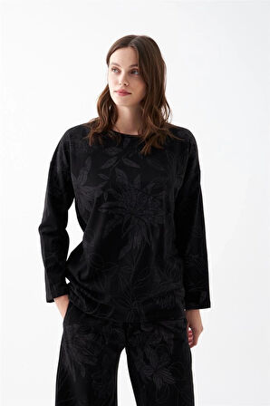 Giyim Kadın Oversize Siyah Çiçek Desenli Pamuklu Kalın Pijama Takımı