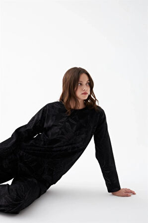 Giyim Kadın Oversize Siyah Çiçek Desenli Pamuklu Kalın Pijama Takımı