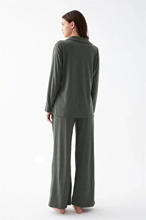 Giyim Kadın Haki Düğmeli Pamuklu Pijama Takımı