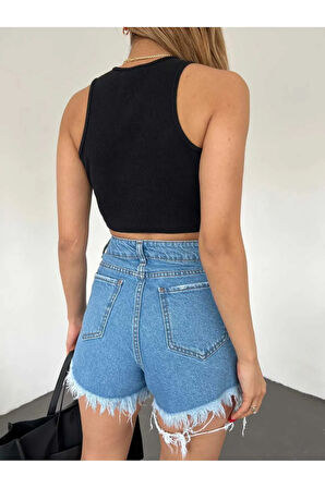 Lazer Yırtık Detaylı Mini Kadın Kot Denim Şort