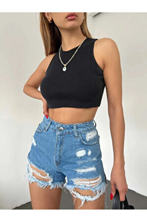 Lazer Yırtık Detaylı Mini Kadın Kot Denim Şort