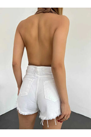 Lazer Yırtık Detaylı Mini Kadın Kot Denim Şort