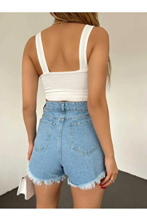 Lazer Yırtık Detaylı Mini Kadın Kot Denim Şort