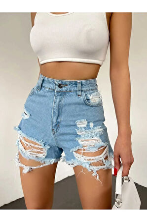 Lazer Yırtık Detaylı Mini Kadın Kot Denim Şort
