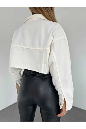 Çift Cepli Lazer Kesim Crop Kadın Kot Ceket