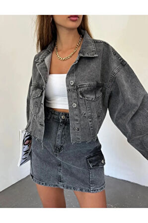 Çift Cepli Lazer Kesim Crop Kadın Kot Ceket