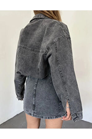 Çift Cepli Lazer Kesim Crop Kadın Kot Ceket