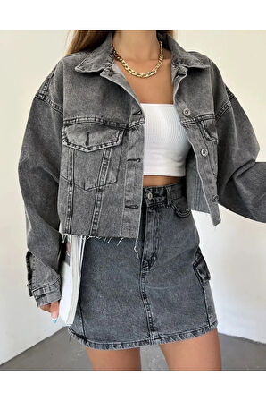 Çift Cepli Lazer Kesim Crop Kadın Kot Ceket