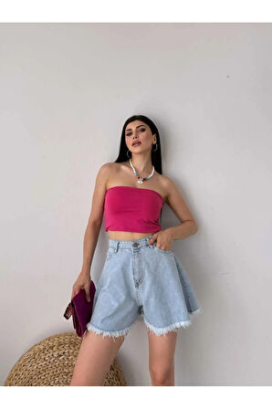Geniş Paça Püsküllü Denim Kadın Mini Şort