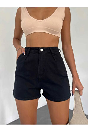 Kadın Siyah Çift Cepli Pileli Mini Denim Şort