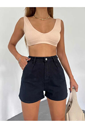 Kadın Siyah Çift Cepli Pileli Mini Denim Şort