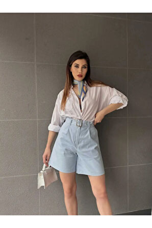 Kuş Gözü Kemerli Geniş Paçalı Mom Kadın Şort