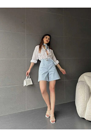 Kuş Gözü Kemerli Geniş Paçalı Mom Kadın Şort