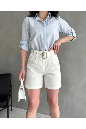 Kuş Gözü Kemerli Geniş Paçalı Mom Kadın Şort