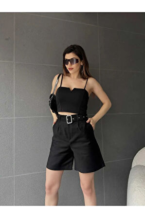 Kuş Gözü Kemerli Geniş Paçalı Mom Kadın Şort