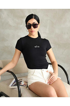 Al@ Kabartmalı Basic Siyah Kadın T-shirt Body