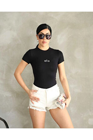 Al@ Kabartmalı Basic Siyah Kadın T-shirt Body
