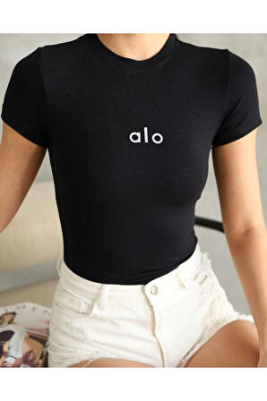 Al@ Kabartmalı Basic Siyah Kadın T-shirt Body