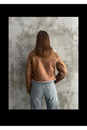 Kadın Nubuk Çift Cepli Fermuarlı  Kapüşonsuz Kısa Crop Mont