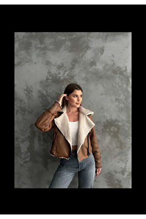 Kadın Nubuk Çift Cepli Fermuarlı  Kapüşonsuz Kısa Crop Mont