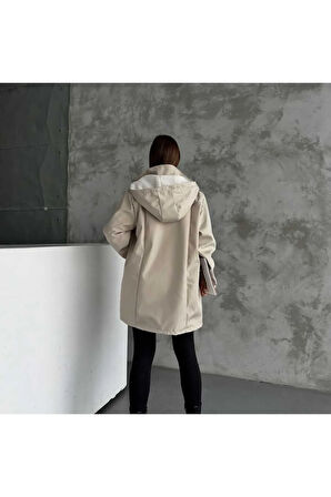 Kapüşonlu Çift Cepli Fermuarlı İçi Peluş Kürk Dışı Bondit Kumaş Kadın Trençkot Kadın Mont