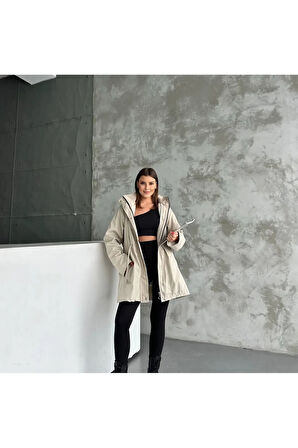 Kapüşonlu Çift Cepli Fermuarlı İçi Peluş Kürk Dışı Bondit Kumaş Kadın Trençkot Kadın Mont