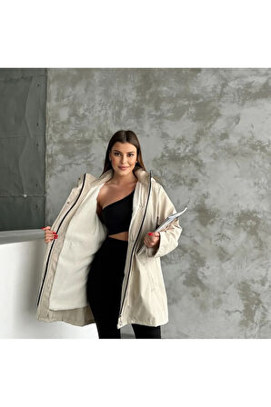 Kapüşonlu Çift Cepli Fermuarlı İçi Peluş Kürk Dışı Bondit Kumaş Kadın Trençkot Kadın Mont