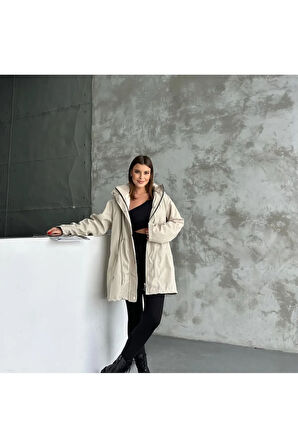 Kapüşonlu Çift Cepli Fermuarlı İçi Peluş Kürk Dışı Bondit Kumaş Kadın Trençkot Kadın Mont