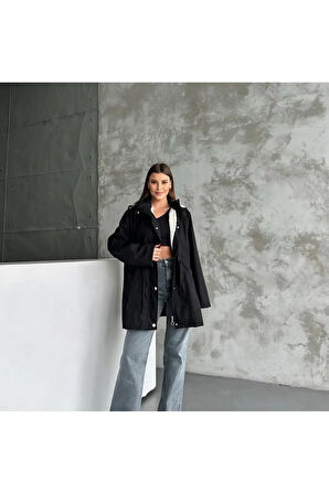 Kapüşonlu Çift Cepli Fermuarlı İçi Peluş Kürk Dışı Bondit Kumaş Kadın Trençkot Kadın Mont