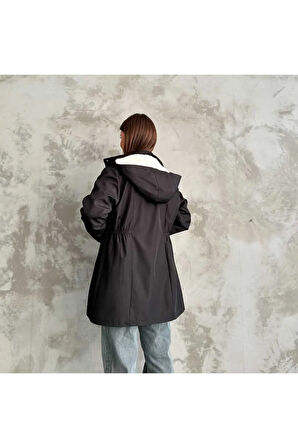 Kapüşonlu Çift Cepli Fermuarlı İçi Peluş Kürk Dışı Bondit Kumaş Kadın Trençkot Kadın Mont