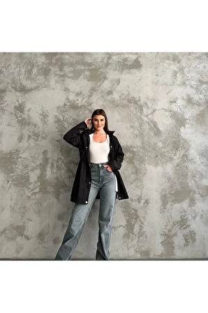 Kapüşonlu Çift Cepli Fermuarlı İçi Peluş Kürk Dışı Bondit Kumaş Kadın Trençkot Kadın Mont