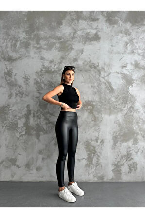 Yüksek Bel Toparlayıcı Dar Kalıp Iç Göstermez Şardonlu Kadın Deri Tayt