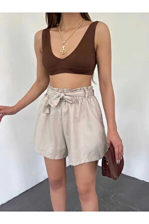 Beli Lastikli Büzgülü Cepli Kadın Şort