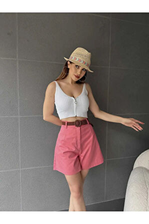 Beli Kemerli Geniş Paçalı Mom Kadın Şort