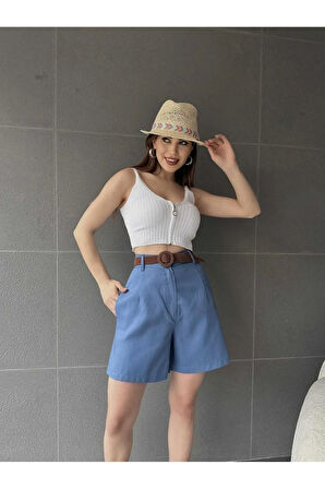 Beli Kemerli Geniş Paçalı Mom Kadın Şort