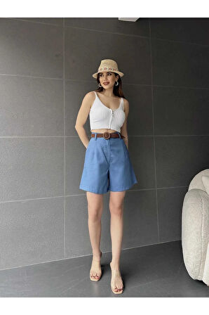 Beli Kemerli Geniş Paçalı Mom Kadın Şort