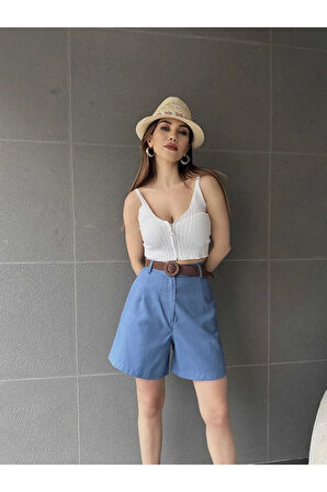 Beli Kemerli Geniş Paçalı Mom Kadın Şort