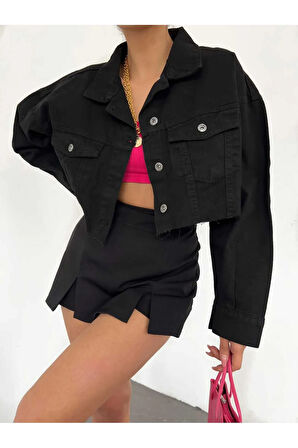 Çift Cepli Lazer Kesim Crop Kadın Kot Ceket