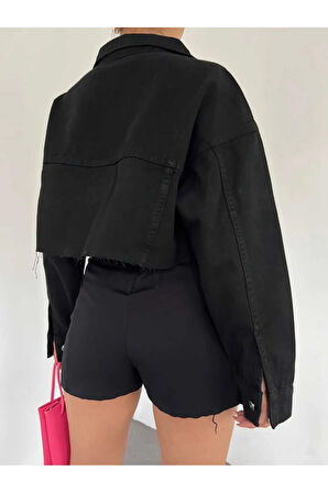 Çift Cepli Lazer Kesim Crop Kadın Kot Ceket