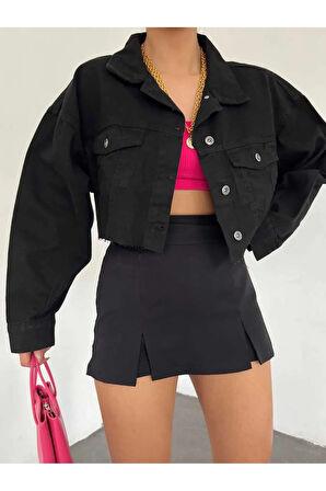 Çift Cepli Lazer Kesim Crop Kadın Kot Ceket