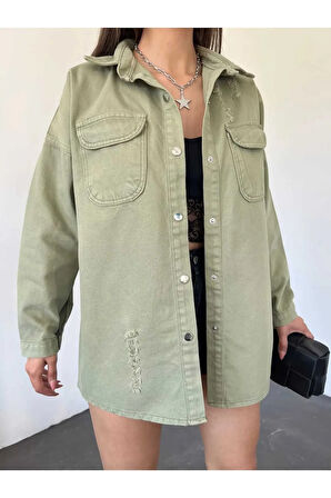 Çift Cepli Yırtık Efektli Oversize Denim Kadın Gömlek Ceket