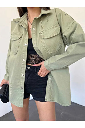 Çift Cepli Yırtık Efektli Oversize Denim Kadın Gömlek Ceket