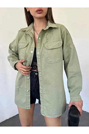 Çift Cepli Yırtık Efektli Oversize Denim Kadın Gömlek Ceket