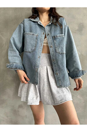 Çift Cepli Oversize Kadın Kot Denim Gömlek Ceket