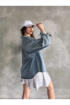 Çift Cepli Oversize Kadın Kot Denim Gömlek Ceket