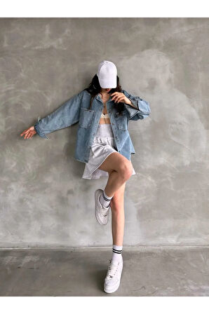 Çift Cepli Oversize Kadın Kot Denim Gömlek Ceket